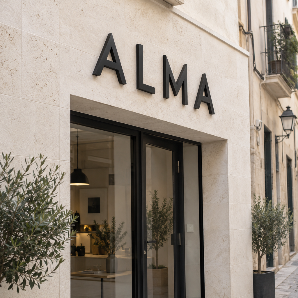 Letras 3D negras ALMA instaladas en una fachada exterior