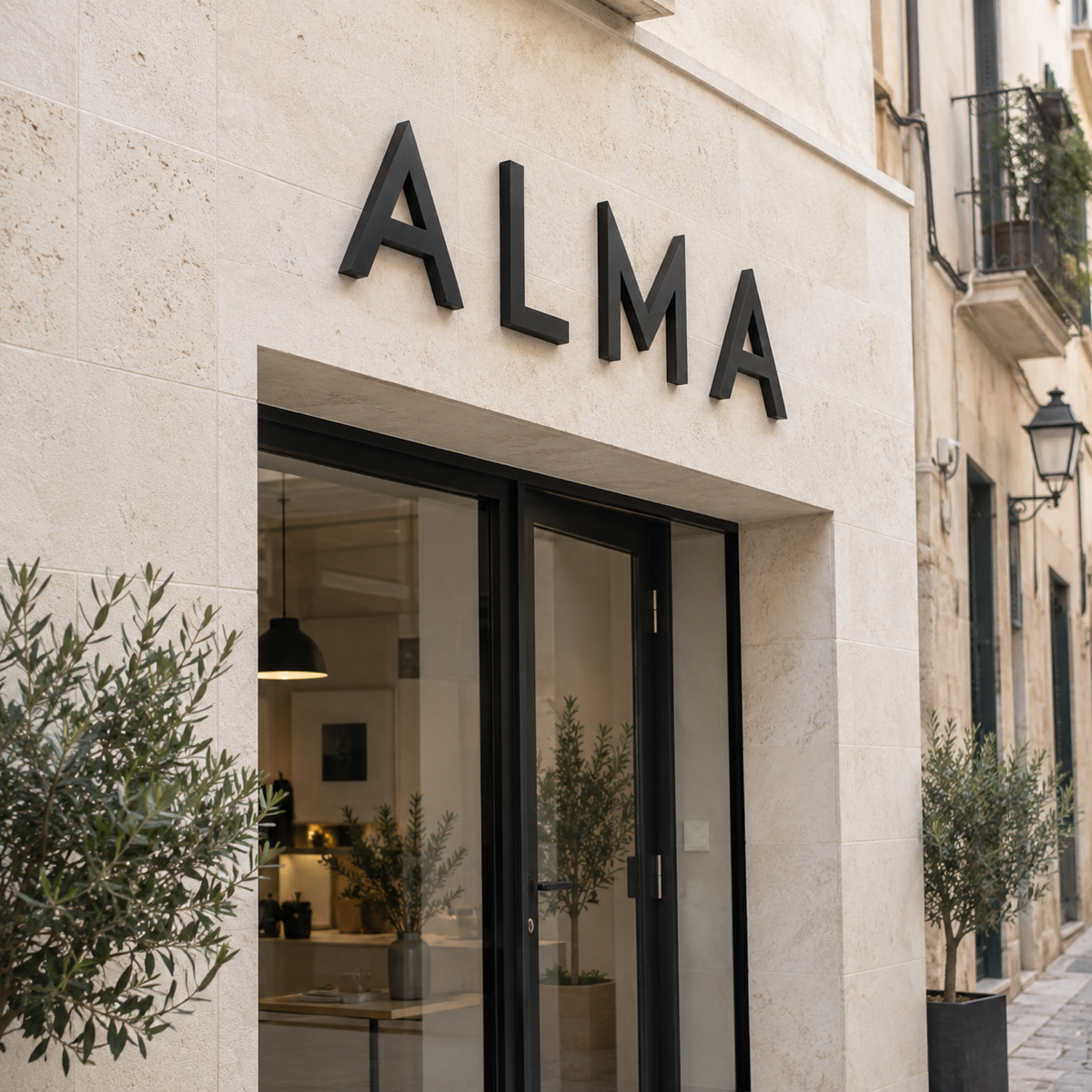 Letras 3D negras ALMA instaladas en una fachada exterior