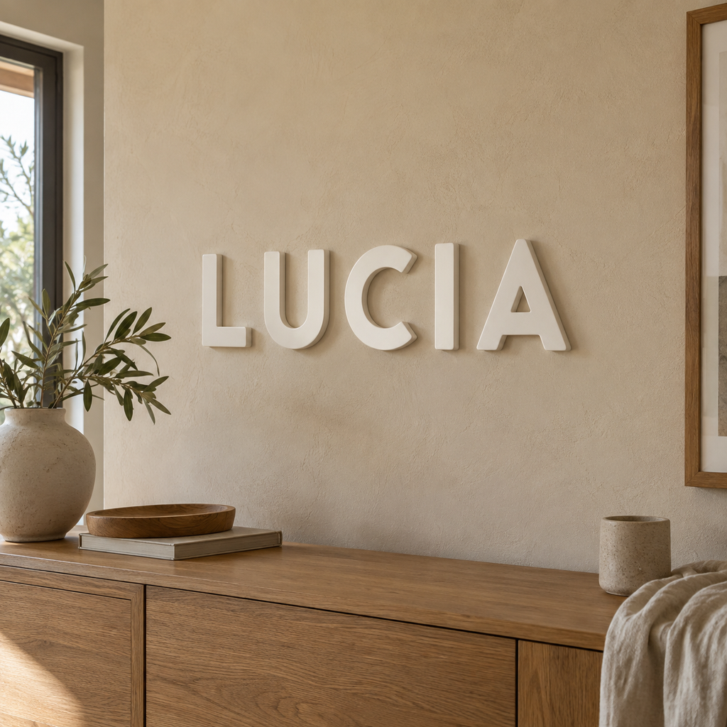 Letras 3D blancas personalizadas LUCIA instaladas en una pared interior